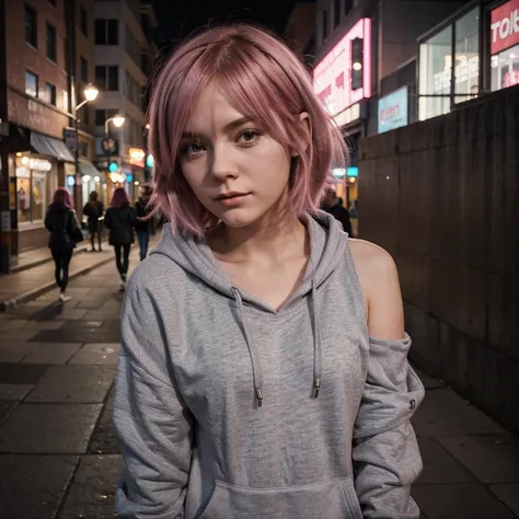 girl 21 years old, short shoulder-length hair, pink hair color, wearing a gray hoodie, taking a selfie, city street in the background, its night, low lighting