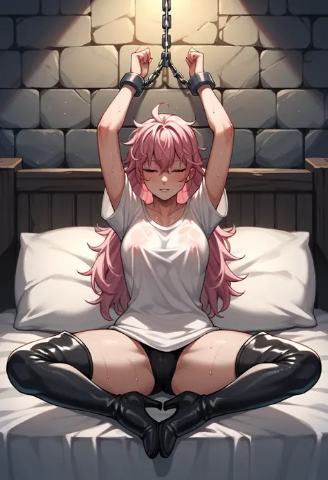 score_9, score_8_up, score_7_up, score_6_up, score_5_up, score_4_up, source_anime, 1woman, bed, pink hair, long hair, close eyes, middle chest, w-w-chain, shackles, spread arms, messy hair, sweaty shirt, short, black thigh boots, heels, sexy pose, night, d...