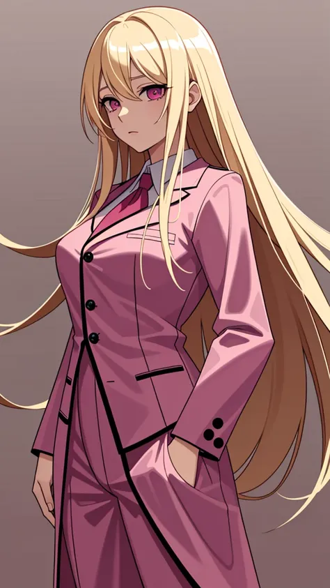 (((Adult woman))), long blonde hair, (pink eyes), pink suit