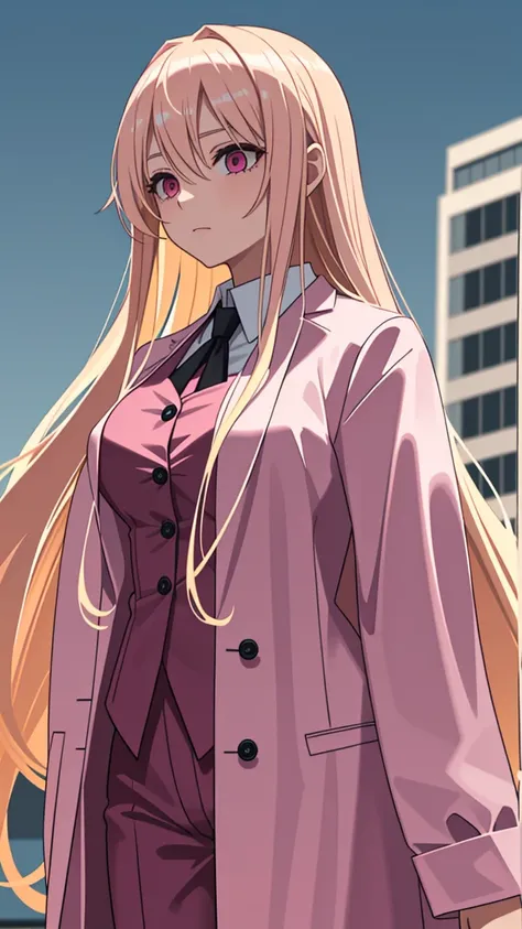 (((Adult woman))), long blonde hair, (pink eyes), pink suit