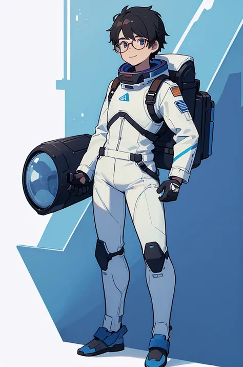 1,19 years old,university student,male,Black Hair,Light blue eyes,Short Hair,Spacesuit,Hero Pose,Standing posture,Glasses,（whole body）,White background,smile,The shoes are blue