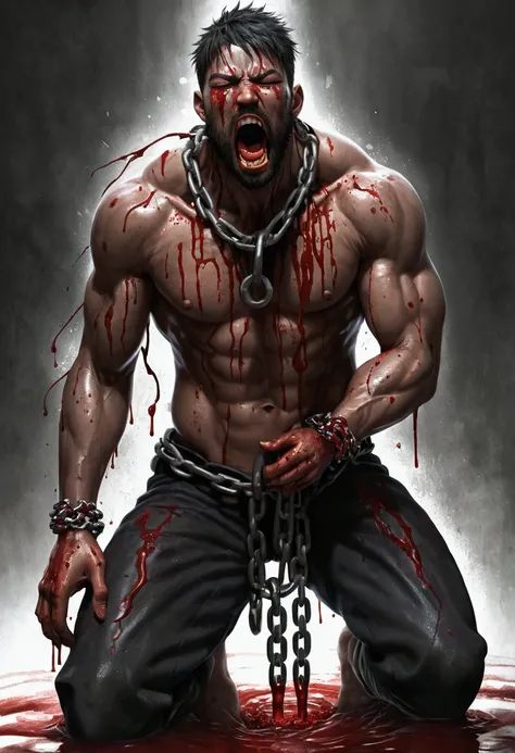 guro, gore,blood splash, blood dripping, wolf, 1boy, solo, colored sclera, golden eyes, black beard, gray fur, full body, anthro, (frown:1.2), (pain:1.3), (clenched teeth with drooling:1.3), (one eye closed:1.5), from above, kneeling,correct anatomy, corre...