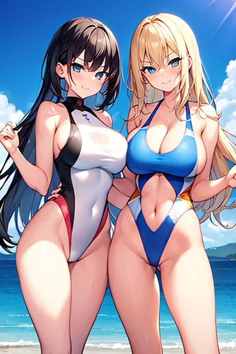 2girls, very short hair, spiked hair, long hair, wavy hair, smile, smirk, smug, parted lips, shy, wavy mouth, timid, white one-piece swinsuit, competition swimsuit, one-piece swimsuit, hourglass figure, blonde hair, blue eyes, huge breasts, mature female, ...