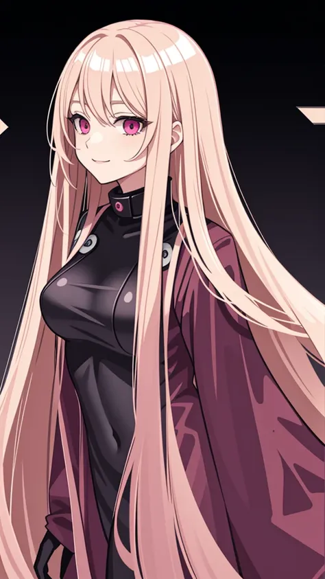 (((Adult woman))), long blonde hair, (pink eyes), (black-pink plugsuit), smile