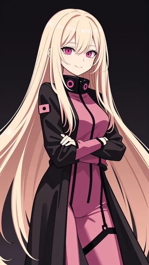 (((Adult woman))), long blonde hair, (pink eyes), (black-pink plugsuit), smile