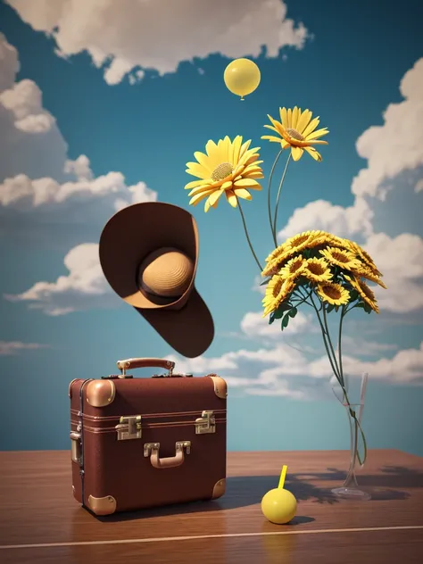 There is a suitcase with a straw hat on top, clouds, atmosphere, leaves, chrysanthemums floating in the air, paper airplanes, (miniature: 1.2), 2.5d illustration, 3d rendering, 3d modeling, bubble matt, trend in behans 3d art, trend in behans 3d art, 3d il...