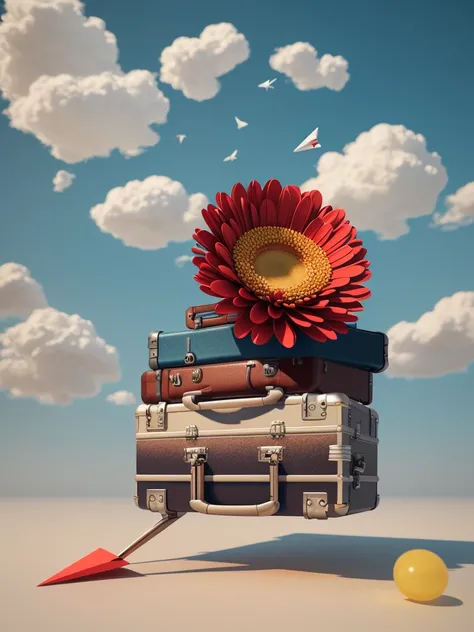 There is a suitcase with a straw hat on top, clouds, atmosphere, leaves, chrysanthemums floating in the air, paper airplanes, (miniature: 1.2), 2.5d illustration, 3d rendering, 3d modeling, bubble matt, trend in behans 3d art, trend in behans 3d art, 3d il...