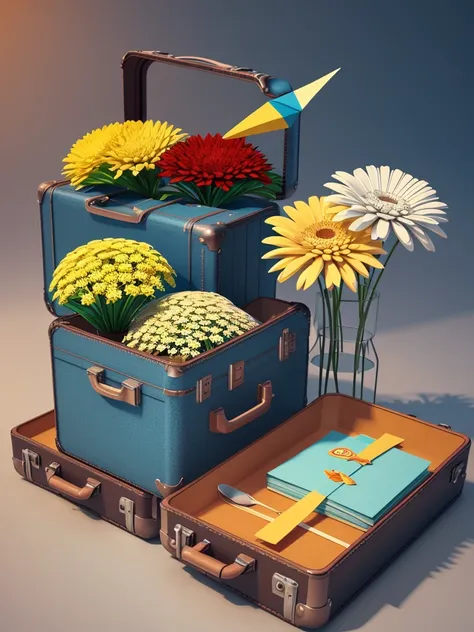 There is a suitcase with a straw hat on top, clouds, atmosphere, leaves, chrysanthemums floating in the air, paper airplanes, (miniature: 1.2), 2.5d illustration, 3d rendering, 3d modeling, bubble matt, trend in behans 3d art, trend in behans 3d art, 3d il...