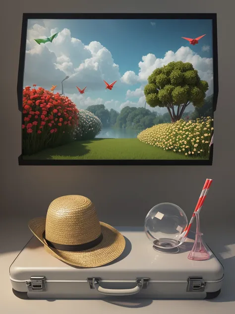 There is a suitcase with a straw hat on top, clouds, atmosphere, leaves, chrysanthemums floating in the air, paper airplanes, (miniature: 1.2), 2.5d illustration, 3d rendering, 3d modeling, bubble matt, trend in behans 3d art, trend in behans 3d art, 3d il...