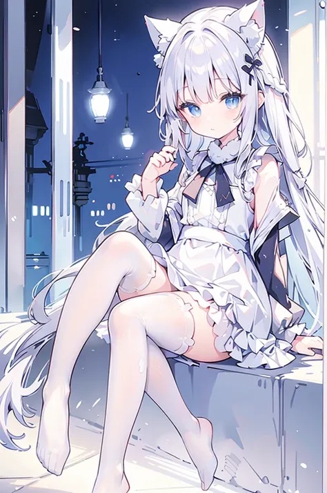 white hair, long, light blue eyes, cat ears, maid outfit, sitting