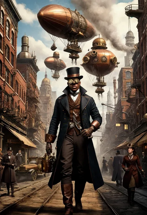 A breathtaking steampunk cityscape with towering buildings adorned with gears and steam pipes, airships floating in the sky, and a bustling street filled with people wearing Victorian-era attire with steampunk accessories. Include a central character weari...