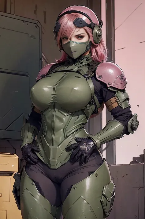 solid metal gear style, (detailded intricate full cover tactical helmet:1.3), (pink  hair), cowboy shot, dynamic pose, 1 girl, standing alone, ray tracing, (work of art), (best qualityer), (detailded), (detailded tactical gear:1.1), (body armor:1.1), comba...