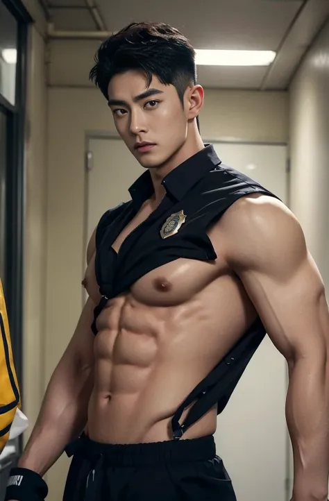 1 handsome Asian guy，27岁policeman，arafed male police 官 in  walking down a hallway, , wearing a sexy police outfit ,  kinky police ,  open outfit: police expose the penis , , majestic，Who is Shi Yu?, Li Yuanbin, Kim Hyung Tae, Kim Hyung Tae, Yin Shishan, Ha...