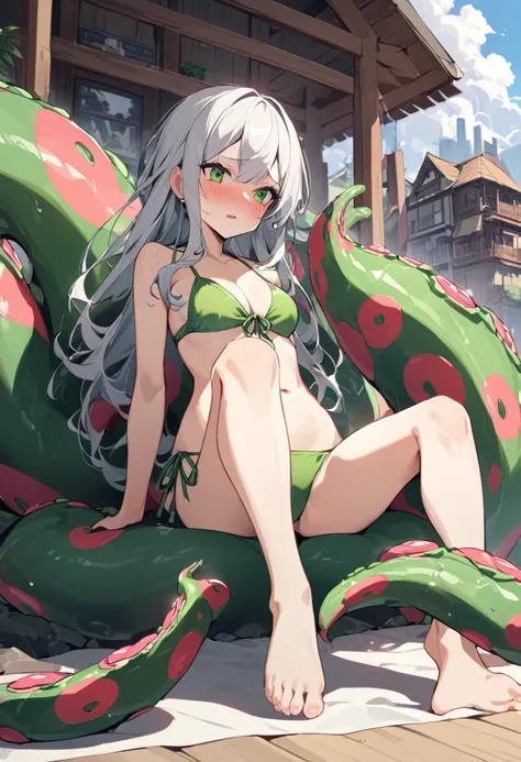 masterpiece, Highest quality,Meteorolite clouds, Swimwear, One girl, whole body, Long-distance shots, bikini, null, Side ties_bikini, justfoot, chest, 一人in, green_null, Looking_in_Audience, cloudy_null, green_bikini, Sitting, length_hair, belly button, Day...