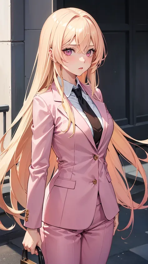 (((Adult woman))), long blonde hair, (pink eyes), pink suit