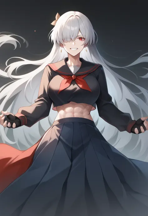 score_9, score_8_up, score_7_up, 1girl, white hair, bangs, hair over one eye, red eyes, smile, grin, long hair, pale skin, seraf...