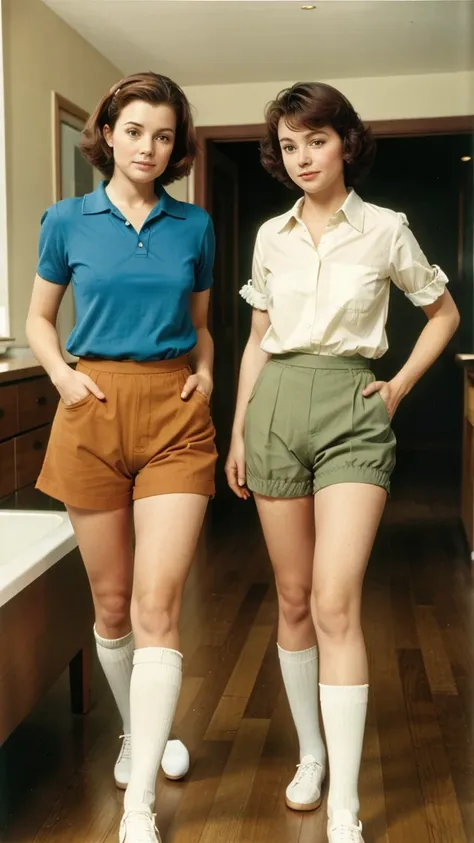 Two ladies in shirt and bloomers full body Kodachrome 