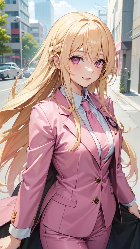 (((Adult woman))), long blonde hair, (pink eyes), pink suit, smile