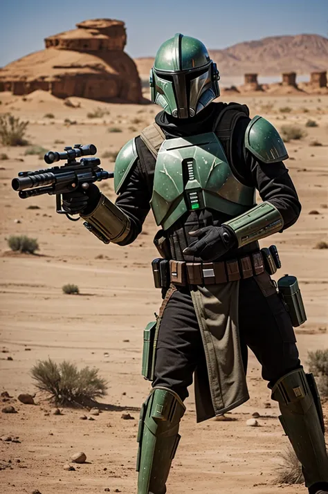 A character with a futuristic blaster in a realistic desert environment shooting at hunters that is inspired by the Mandalorians from Star Wars