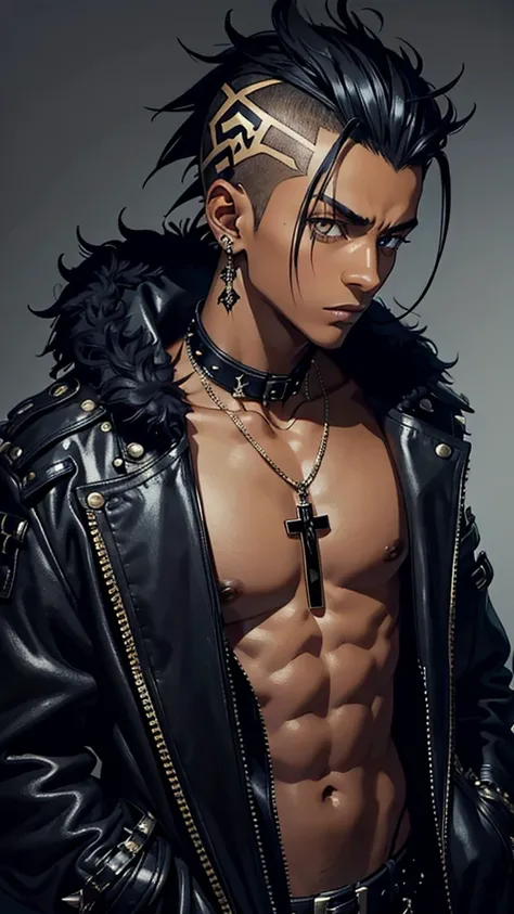 1 boy,work of art, best qualityer, very aesthetic, absurderes, dark-skinned, black mohawk hair, cross necklace, jacket with leopard fur on top, wearing no shirt, several metallic spikes on Sukuna&#39;s body ( JUJUTSU KAİSEN): A fierce man, I sign, curse be...