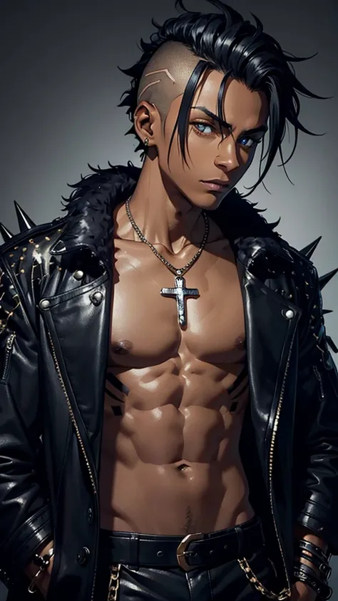 1 boy,work of art, best qualityer, very aesthetic, absurderes, dark-skinned, black mohawk hair, cross necklace, jacket with leopard fur on top, wearing no shirt, several metallic spikes on Sukuna&#39;s body ( JUJUTSU KAİSEN): A fierce man, I sign, curse be...