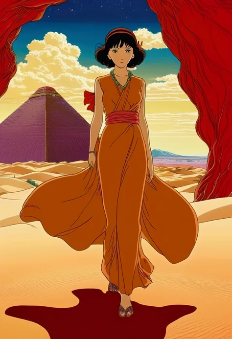 Desert Princess, sand, by Satoshi Kon, full body, cinematic still, cinemascope, best quality, masterpiece, very aesthetic, perfect composition, intricate details, ultra-detailed, vivid colors