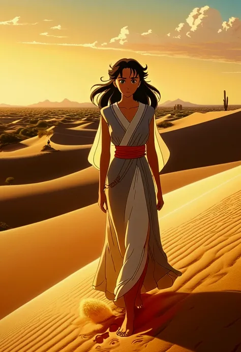 Desert Princess, sand, by Studio Ghibli, full body, cinematic still, cinemascope, best quality, masterpiece, very aesthetic, perfect composition, intricate details, ultra-detailed, vivid colors