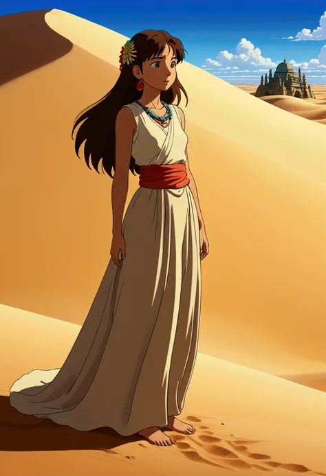 Desert Princess, sand, by Studio Ghibli, full body, cinematic still, cinemascope, best quality, masterpiece, very aesthetic, perfect composition, intricate details, ultra-detailed, vivid colors