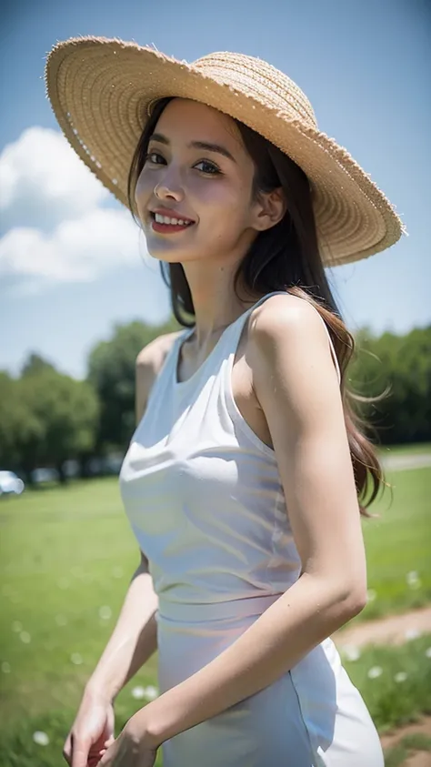 blue sky, There are a few white clouds, green meadows, A girl in a long dress, Roses in hand, Wearing a wide-brimmed hat, The picture is a wide side view of the photographic angle, The colors are pastel, The face conforms to normal bone structure and skin ...