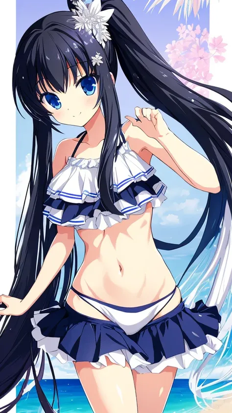 best quality, extremely detailed,anime style girl,long hair down to the waist, straight hair, dark black hair with bluish,ponytail,beautiful detailed eyes, pinched eyes, dark blue eyes,huge breasts,cutie white base colorful frill
 Bikini,hair ornament,beac...