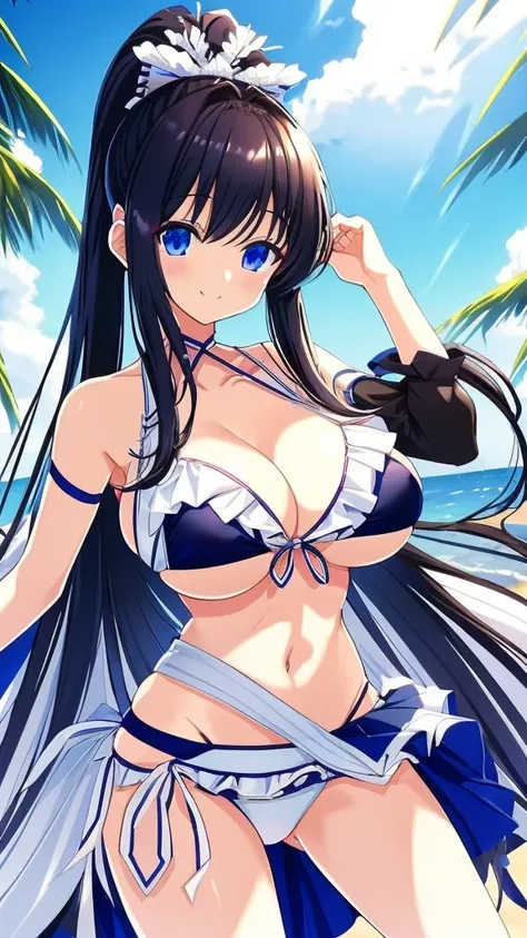 best quality, extremely detailed,anime style girl,long hair down to the waist, straight hair, dark black hair with bluish,ponytail,beautiful detailed eyes, pinched eyes, dark blue eyes,huge breasts,cutie white base colorful frill
 Bikini,hair ornament,beac...