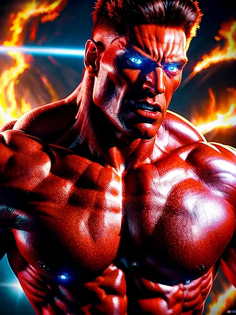 a muscular female red Hulk,ultra detailed face, muscular body, intense expression, glowing red skin, veins popping out, dynamic pose, surrounded by flames and energy, cinematic lighting, highly detailed, photorealistic, hyper detailed, 8k, (best quality,4k...