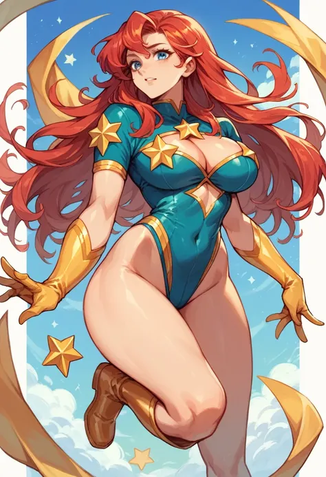 masterpiece,Sexy, Superheroine, Red hair, long hair, busty, ((blue highleg leotard with a t-back thong and a gold star insignia on chest)), gold boots, gold gloves, curvy, ((cleavage cutout)), anime