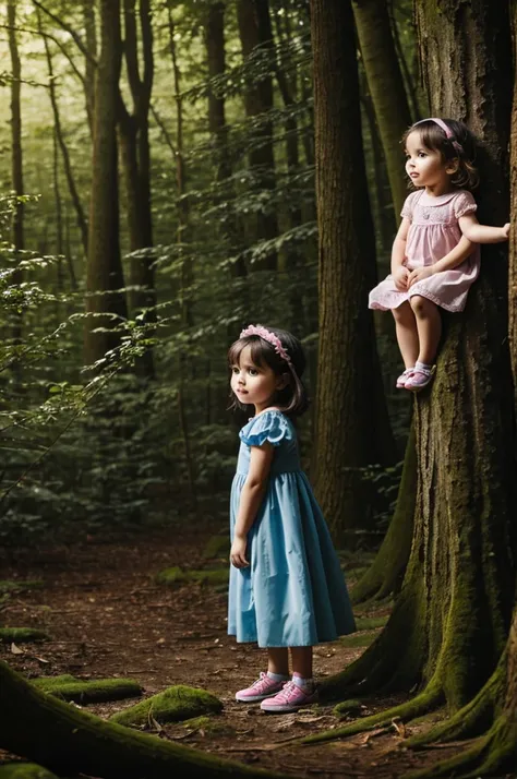 A 4-year-old girl and her 2-year-old brother in an enchanted forest 