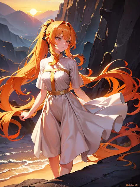 Beautiful, majestic, melancholic, woman, solo-girl, long orange-golden hair, (wavy hair, tied in a ponytail:1.3), pale white skin, golden eyes, narrow eyes, sly smile, (gold dress with black details:1.1), standing on a cliff, sunset in background, hills