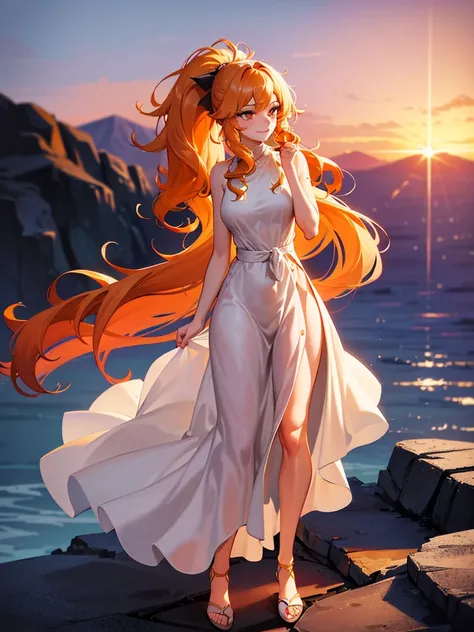 Beautiful, majestic, melancholic, woman, solo-girl, long orange-golden hair, (wavy hair, tied in a ponytail:1.3), pale white skin, golden eyes, narrow eyes, sly smile, (gold dress with black details:1.1), standing on a cliff, sunset in background, hills