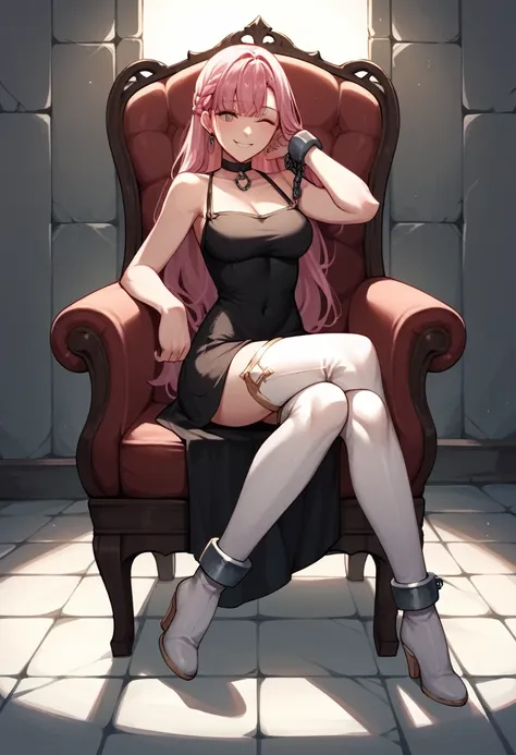 score_9, score_8_up, score_7_up, score_6_up, score_5_up, score_4_up, source_anime, 1woman, sit, chair, pink hair, long hair, clo...