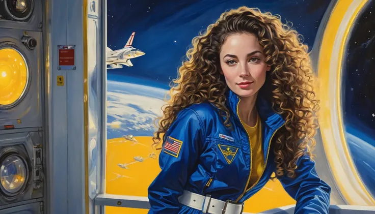 realistic acrylic art, vivid colors, lateral point of view, a beautiful european woman with long curly hair, looking at the viewer with suspicious face and a shy smile, she wears spacial blue jacket over glossy white jumpsuit, gloves, adjusting a sophistic...