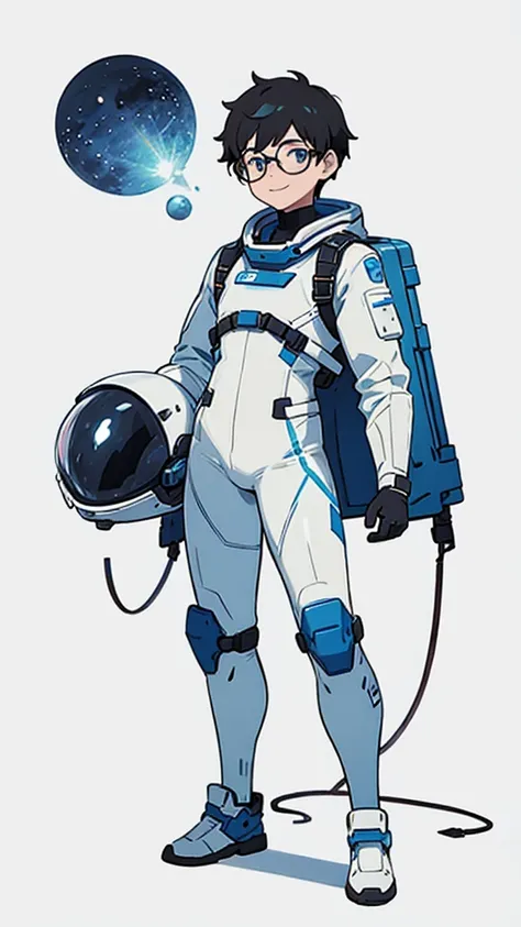 1,19 years old,university student,male,Black Hair,Light blue eyes,Short Hair,Spacesuit,（Cool pose）,Standing posture,Glasses,（whole body）,White background,smile,The shoes are blue,Hold the helmet in one hand