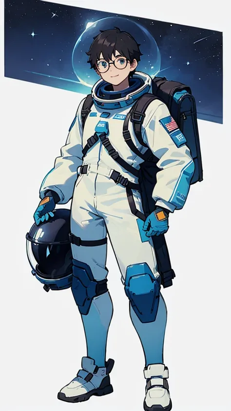 1,19 years old,university student,male,Black Hair,Light blue eyes,Short Hair,Spacesuit,（Cool pose）,Standing posture,Glasses,（whole body）,White background,smile,The shoes are blue,Hold the helmet in one hand