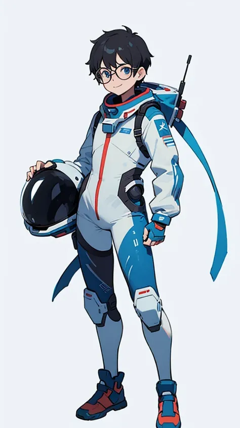 1,19 years old,university student,male,Black Hair,Light blue eyes,Short Hair,Spacesuit,（Cool pose）,Standing posture,Glasses,（whole body）,White background,smile,The shoes are blue,Hold the helmet in one hand