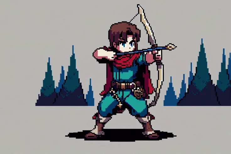 Create an image of an agile archer dressed in hunters attire, holding a simple bow. She is in a dense forest, with eyes alert and ready to shoot, in pixel art.