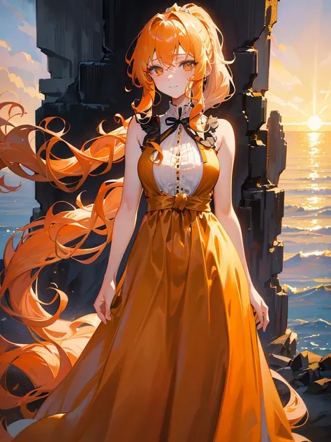 Beautiful, majestic, melancholic, woman, solo-girl, long orange-golden hair, (wavy hair, tied in a ponytail:1.3), pale white skin, golden eyes, narrow eyes, sly smile, (gold dress with black details:1.1), standing on a cliff, sunset in background, hills