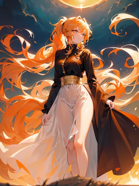 Beautiful, majestic, melancholic, woman, solo-girl, long orange-golden hair, (wavy hair, tied in a ponytail:1.3), pale white skin, golden eyes, narrow eyes, sly smile, (gold dress with black details:1.1), standing on a cliff, sunset in background, hills