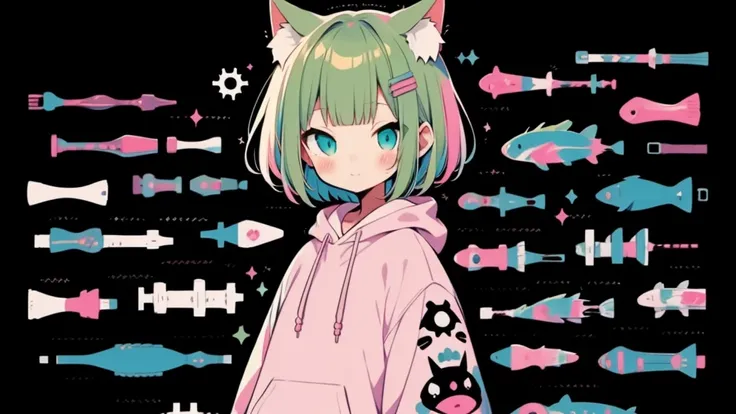  Pink hoodie、high quality、Colorful color palette、high resolution、pretty girl、 Pink hoodie、An unprecedented number of draws、Anime Style、Geometric background、Sticker Style、short hair、Blonde、Turquoise Eyes, Messy Hair, Pink hoodie、Cat ears of the same color a...