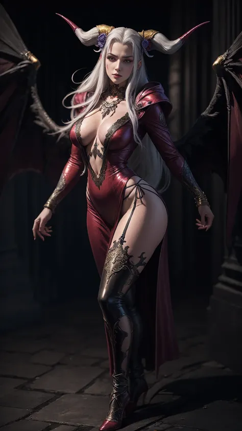 Close-up cameltoe focus, full body portrait, ultimecia, horns, red dress, plunging neckline, feather trim, black wings, white hair, facial marks, claws, ((photoshoot)), buxom, mature, milf, full body portrait, posing for onlyfans, slutty erotic succubus, a...