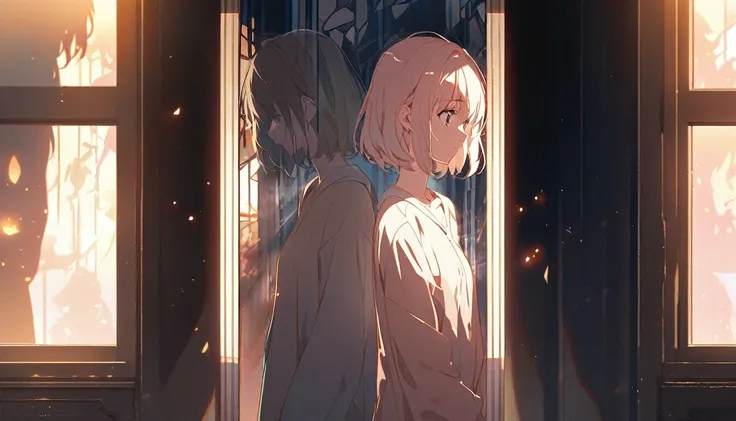 A melancholic anime girl standing in a softly lit room, facing a tall mirror that reflects a shattered image, symbolizing broken dreams and unfulfilled expectations. The room is cozy with personal items scattered around, indicating a once cherished relatio...