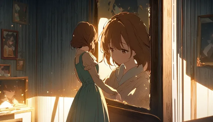 A melancholic anime girl standing in a softly lit room, facing a tall mirror that reflects a shattered image, symbolizing broken dreams and unfulfilled expectations. The room is cozy with personal items scattered around, indicating a once cherished relatio...