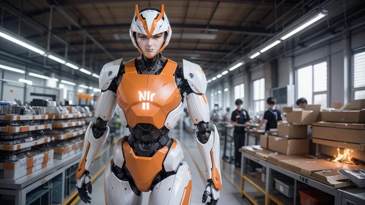 Create a realistic image of several humanoid robots in white and orange colors by manufacturing parts and other robots in a Xiaomi factory Realistic