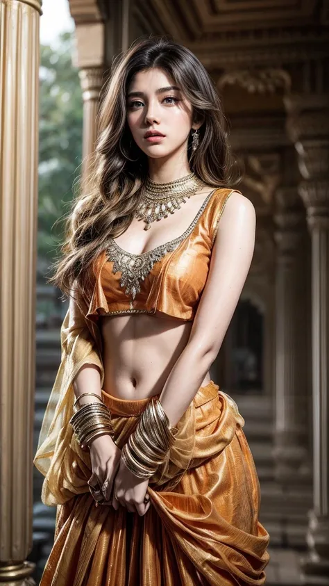 rhea chakraborty plays a beautiful 21-year-old woman, she is wearing a gorgeous orange ghagra and long blouse, eye mascara, eye ...